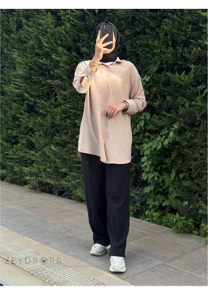 Çizgili Krep Gömlek Krem