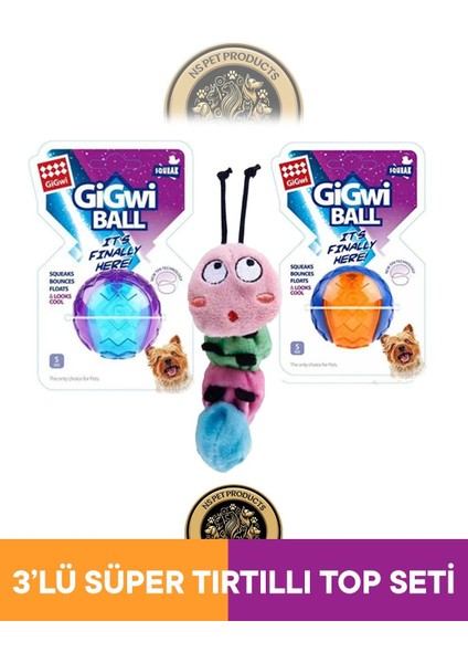 Ball Sert Top 5 cm Şeffaf-Turuncu-Catnipli Tırtıl Oyuncak 3'lü Set