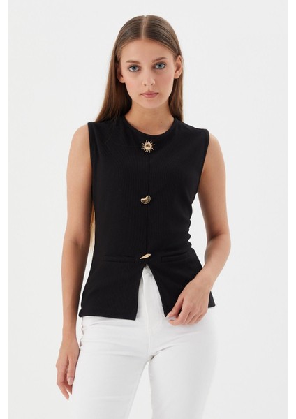 Tasarım Düğmeli Bluz Sıyah