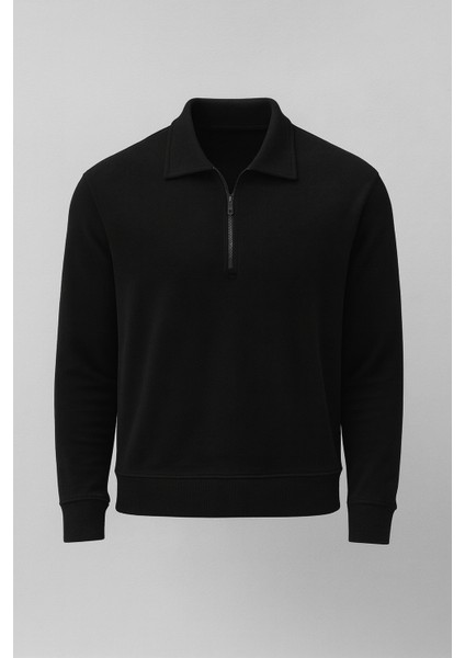 Eric Relax Fit Yarım Fermuarlı Polo Yaka Selanik Kumaş Erkek Sweatshirt - Siyah