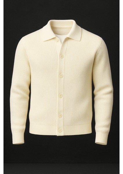 Oversize Selanik Örgü Düğmeli Erkek Hırka- Ekru