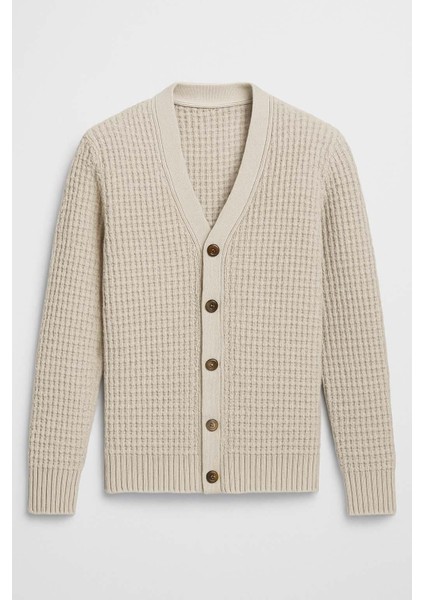 Nopenli Fitil Örgü Düğmeli Hırka - Ekru