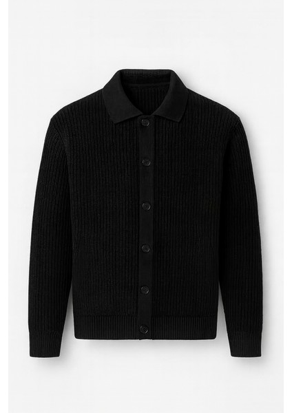 Oversize Selanik Örgü Düğmeli Erkek Hırka-Siyah