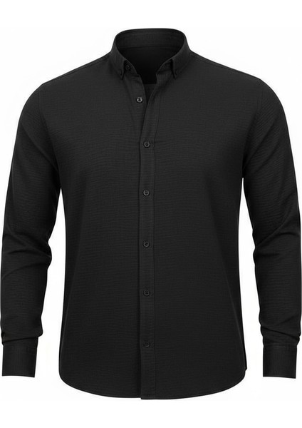 Yumuşak Dokulu Yarım Oversize Erkek Gömlek - Siyah