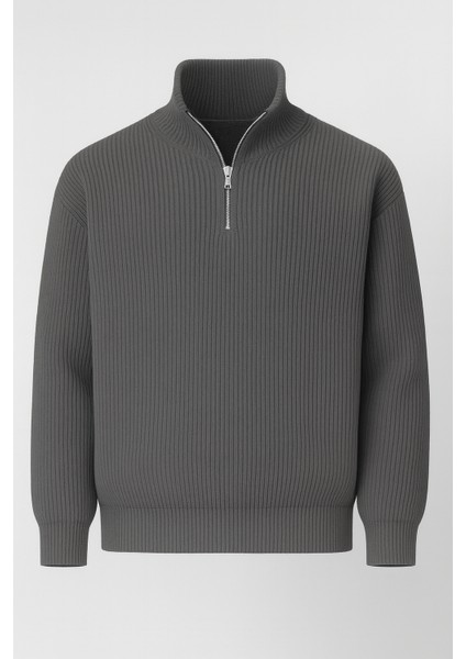 Nolan Oversize Selanik Örgü Yarım Fermuar Erkek Triko Kazak - Füme