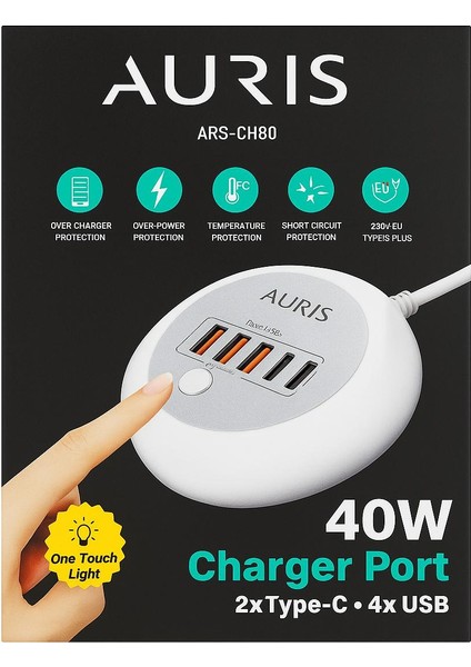 Auris ARS-CH80 40W 2x Type-C + 4x USB Çoklu Şarj Istasyonu | One Touch Işıklı Hızlı Şarj Adaptörü