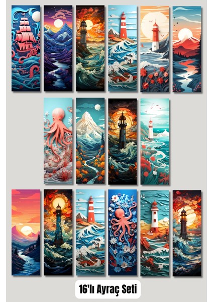 Deniz Feneri Doğa Manzara Tasarım Hediyelik 16'lı Kitap Ayracı Seti