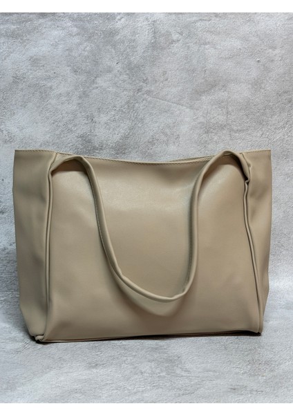 Krem Renkli Omuz Askılı Fermuarlı Suni Deri Kadın Çanta