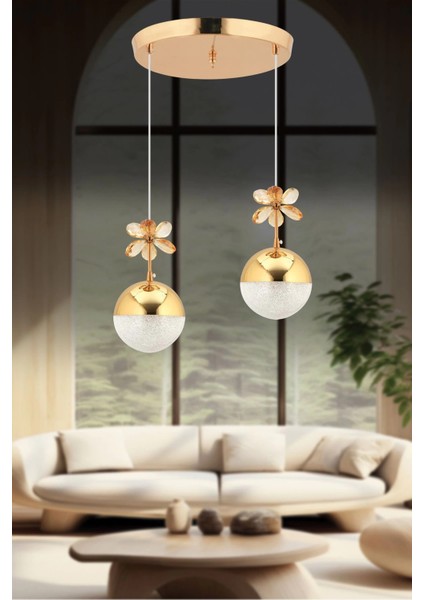 Kelebek 2'li Gold Sarkıt Ledli 3 Renk Kademeli Kristal Taşlı LED Avize