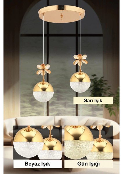 Kelebek 2'li Gold Sarkıt Ledli 3 Renk Kademeli Kristal Taşlı LED Avize fiyatları