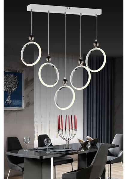 Modern Beşli Yuvarlak Üç Renkli Krom Yemek Odası LED Avize