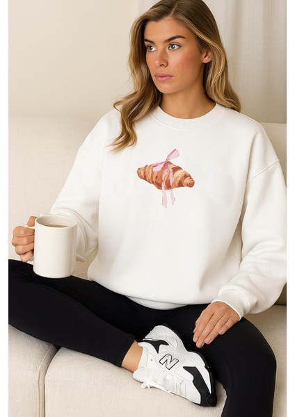 Kadın Kruvasan Baskılı Içi Şardonlu Oversize Sweatshirt