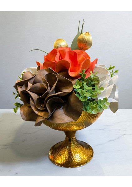 Dekoratif Metal Saksılı Aranjman Çiçek Turuncu