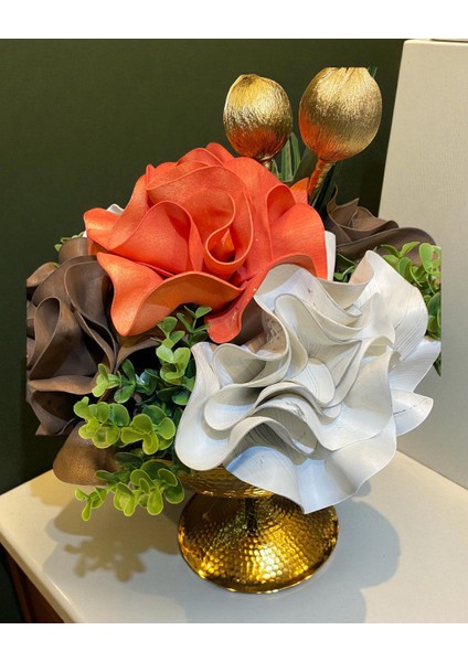 Dekoratif Metal Saksılı Aranjman Çiçek Turuncu modelleri