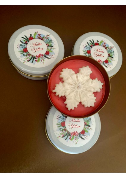 Hediyelik Teneke Kutuda %100 Doğal Vegan Soya Wax Kar Tanesi Mum modelleri