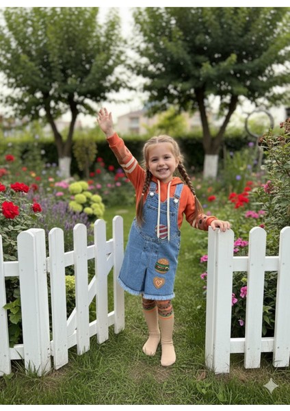 Kız Çocuk Kotlu Salopet Külotlu Çoraplı Takım Özel Tasarım ( Kot Elbise+Kapşonlubluz+Çorap)