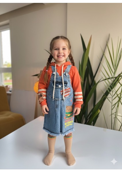 Kız Çocuk Kotlu Salopet Külotlu Çoraplı Takım Özel Tasarım ( Kot Elbise+Kapşonlubluz+Çorap) modelleri