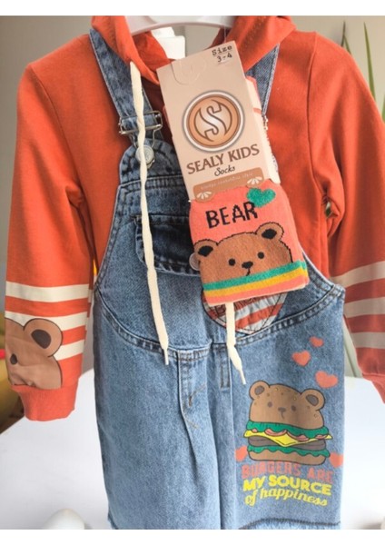 Kız Çocuk Kotlu Salopet Külotlu Çoraplı Takım Özel Tasarım ( Kot Elbise+Kapşonlubluz+Çorap) fırsatları