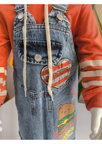 Kız Çocuk Kotlu Salopet Külotlu Çoraplı Takım Özel Tasarım ( Kot Elbise+Kapşonlubluz+Çorap)