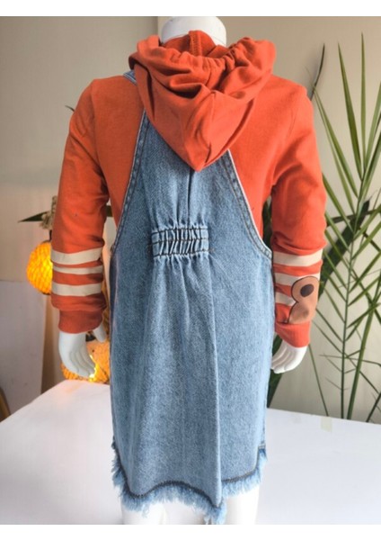 Kız Çocuk Kotlu Salopet Külotlu Çoraplı Takım Özel Tasarım ( Kot Elbise+Kapşonlubluz+Çorap)