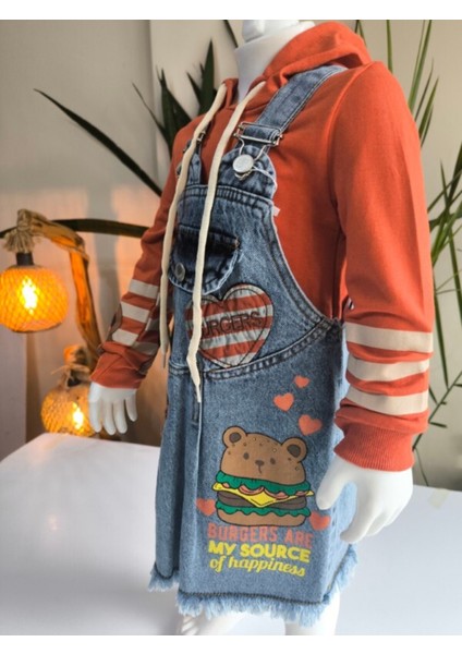 Kız Çocuk Kotlu Salopet Külotlu Çoraplı Takım Özel Tasarım ( Kot Elbise+Kapşonlubluz+Çorap)