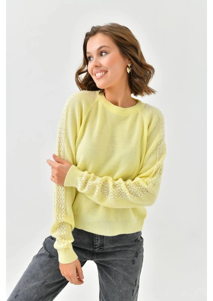 Kadın Kazak Kolları Delikli Ince Triko Kazak Sarı - 10616