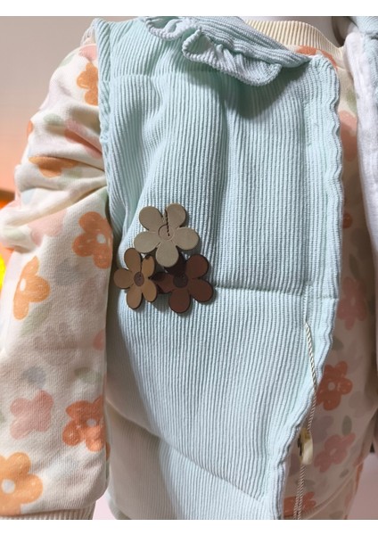 Kız Bebek Çiçek Desenli Üçlü Takım (Omuzdan Çıtçıtlısweatshirt+Fitilli Yelek+Pantolon) fırsatları