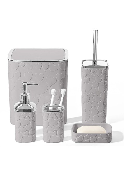 5 Parça Banyo Seti, Kalp Desenli, Gri Silver, Kare, Click Kapaklı, Hacim: 8 Litre