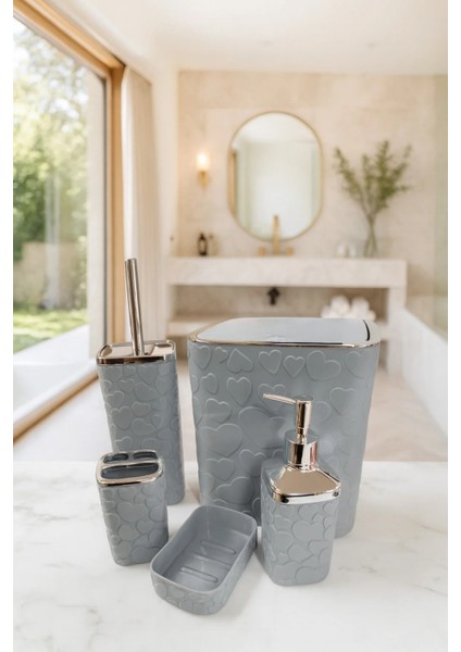 5 Parça Banyo Seti, Kalp Desenli, Gri Silver, Kare, Click Kapaklı, Hacim: 8 Litre fiyatları