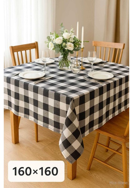 Fiber Kareli Masa Örtüsü Sofra Bezi Ekose Desen 160X160 cm Siyah