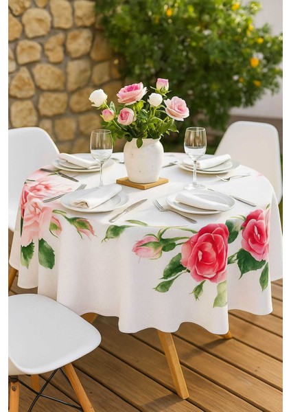 Yuvarlak Gül Desenli Duck Kumaş Masa Örtüsü 150X150 cm