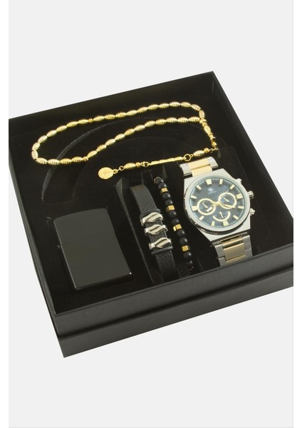 Metal Kayışlı Kol Saati Tesbih Bileklik ve Çakmak Kutulu Set