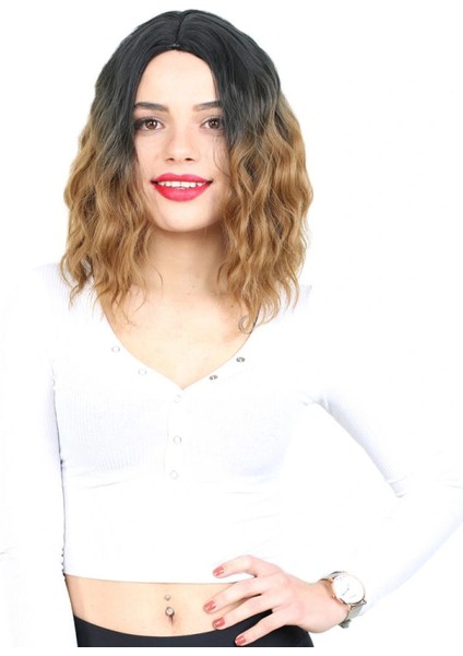 Fiber Sentetik Kısa Dalgalı Perçemsiz Peruk - Siyah / Karamel Ombreli