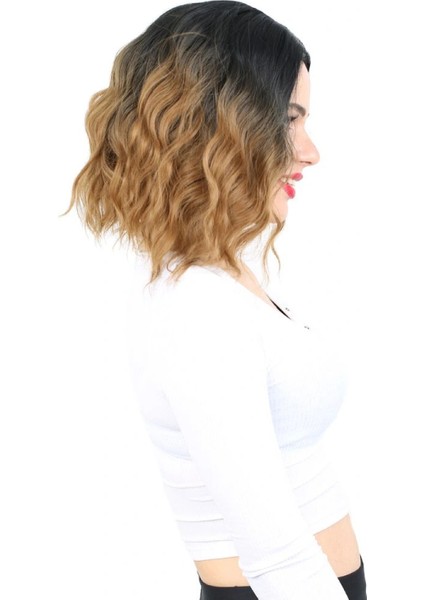 Fiber Sentetik Kısa Dalgalı Perçemsiz Peruk - Siyah / Karamel Ombreli fiyatları