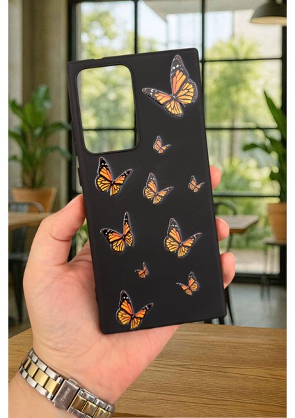 Sm Galaxy Note 20 Ultra Turuncu Kelebek Desenli Silikon Darbe Emici Klasik Korumalı Rubber Kılıf