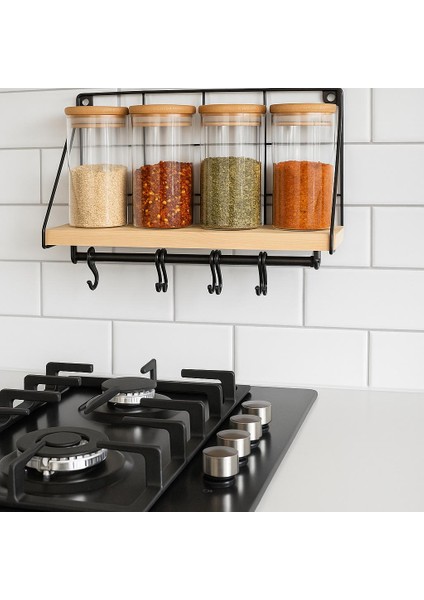 5 Parca Duvar Askılı Borosilikat Cam Baharatlık Takımı-Bambu Kapaklı-Sılıkon Contalı