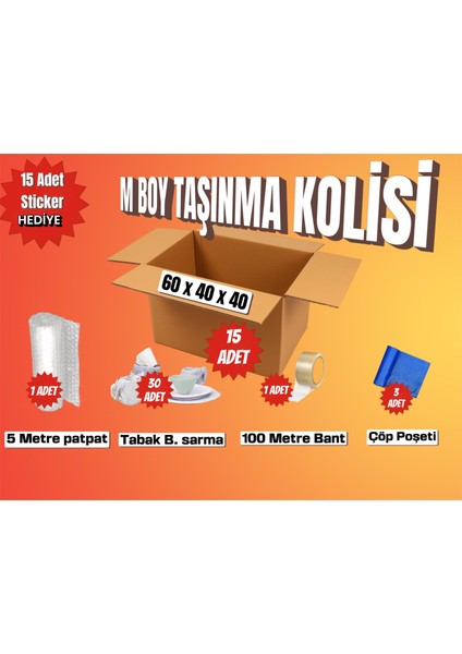 60X40X40 Taşınma Paketi M Boy 15 Adet Koli 1 Adet 5 Metre Patpat (Balonlu Naylon) 30 Adet Tabak/bardak Sarmalık Kâğıt 1 Adet 100 Metre Bant 3 Adet Çöp Poşeti Hediye: 15 Adet Sticker (Etiket)