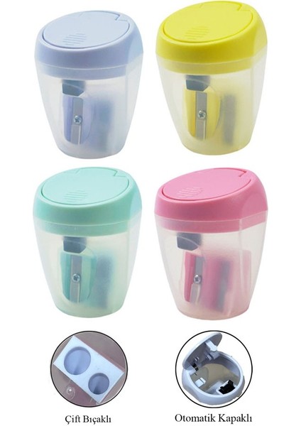 Çift Bıçaklı Kalemtıraş 4 Adet Otomatik Kapaklı Kalemtraş Pastel Renkli Hazneli Kalem Açacağı Plastik Renkli