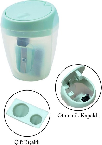 Çift Bıçaklı Kalemtıraş 4 Adet Otomatik Kapaklı Kalemtraş Pastel Renkli Hazneli Kalem Açacağı Plastik Renkli modelleri