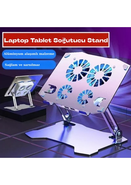 Alüminyum Katlanabilir Laptop Soğutucu Stand 4 Fanlı LED Işıklı Ergonomik Tasarım