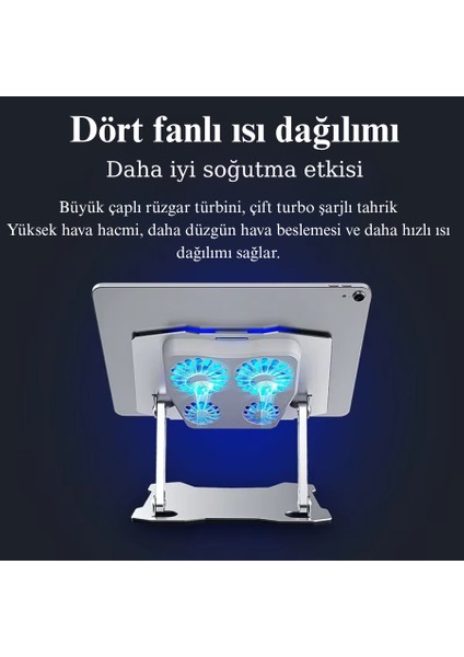 Alüminyum Katlanabilir Laptop Soğutucu Stand 4 Fanlı LED Işıklı Ergonomik Tasarım indirimleri