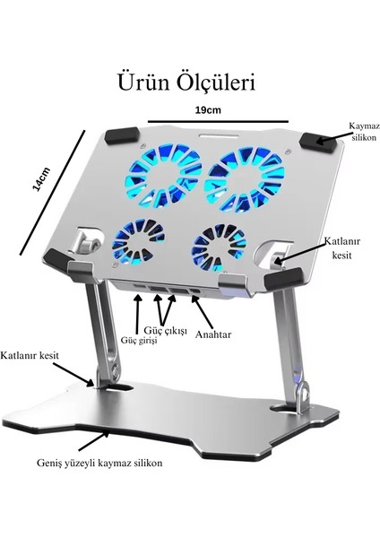 Alüminyum Katlanabilir Laptop Soğutucu Stand 4 Fanlı LED Işıklı Ergonomik Tasarım