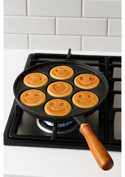 Emoji Krep Tavası - 26 Cm-Döküm Granit-Ahsap Saplı