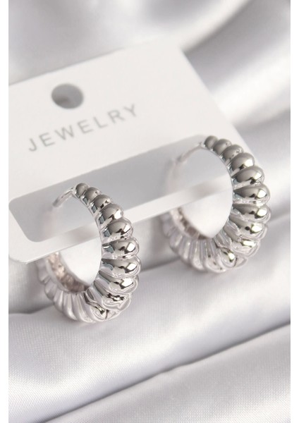 Bfs Pirinç Gümüş Renk Sarmal Halka Model Kadın Küpe