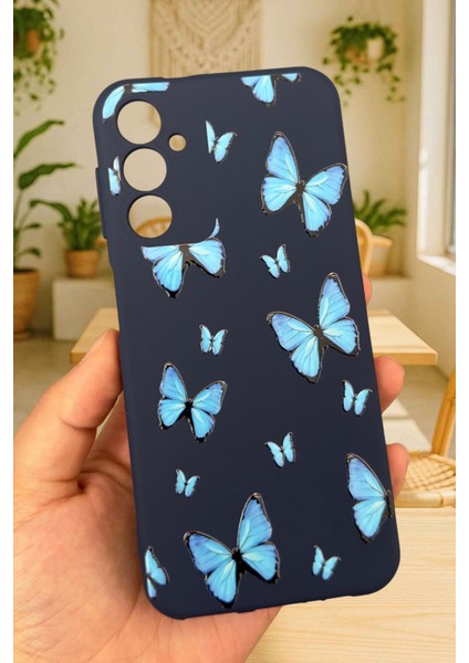 Samsung Galaxy A25 Uyumlu Mavi Kelebek Desenli Silikon Darbe Emici Klasik Korumalı Rubber Kılıf