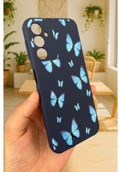 Samsung Galaxy A25 Uyumlu Mavi Kelebek Desenli Silikon Darbe Emici Klasik Korumalı Rubber Kılıf modelleri