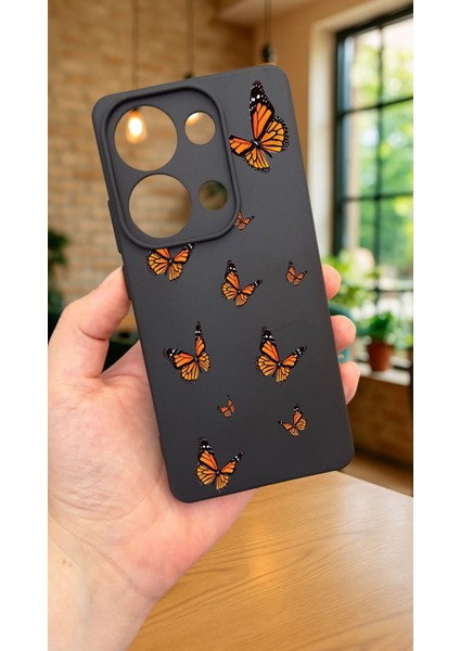 Redmi Note 13 Pro 4g Turuncu Kelebek Desenli Silikon Darbe Emici Klasik Korumalı Rubber Kılıf