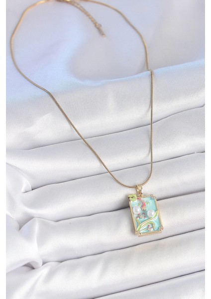 Bfs 316L Çelik Gold Renk Zincir Mavi Mineli Incili Çiçek Işlemeli Portre Model Kadın Kolye fiyatları