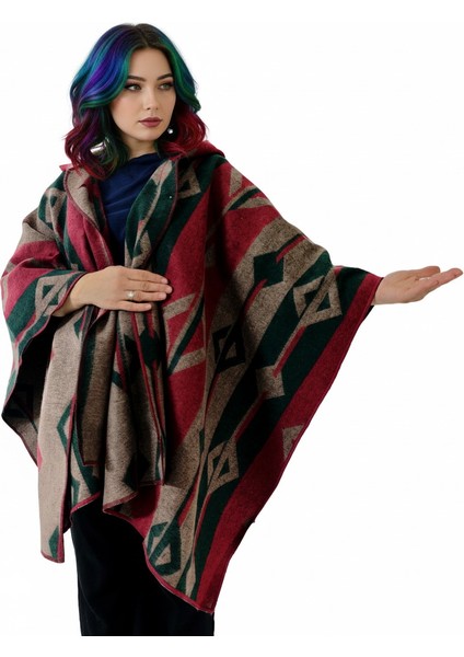 Yeşil Bej Kırmızı Etnik Tasarım Desenli Yünlü Sıcak Tutan Kapüşonlu Unisex Kampçı Panço Kışlık Şal