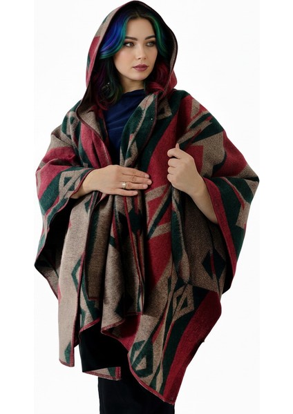 Yeşil Bej Kırmızı Etnik Tasarım Desenli Yünlü Sıcak Tutan Kapüşonlu Unisex Kampçı Panço Kışlık Şal fiyatları